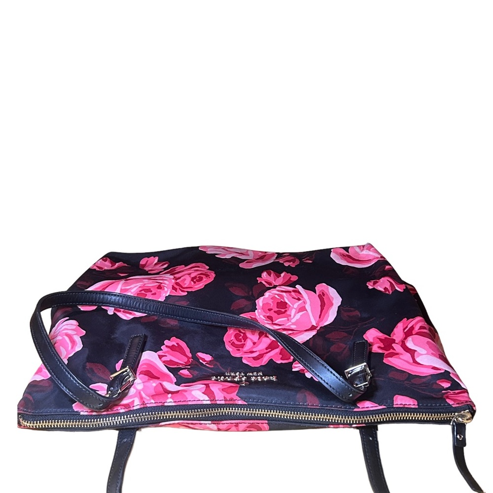 Kate Spade Floral Roses Fabric + Leather Trim Large Black Shoulder Bag Purse - Picture 7 of 15